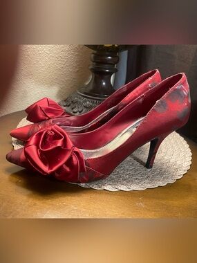 White House Black Market Red Satin Peep-Toe Heels with Decorative Rosette